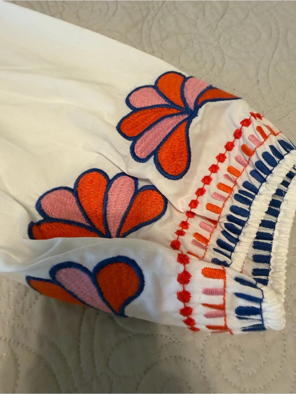 Boden White Embroidered V-Neck Boho Top with Orange & Navy Floral Accents, 12 - Picture 4 of 7